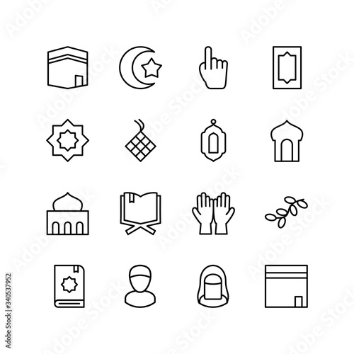 Set of islamic muslim line icon design, black outline vector icons, isolated against the white background, arabic mark vector illustration.