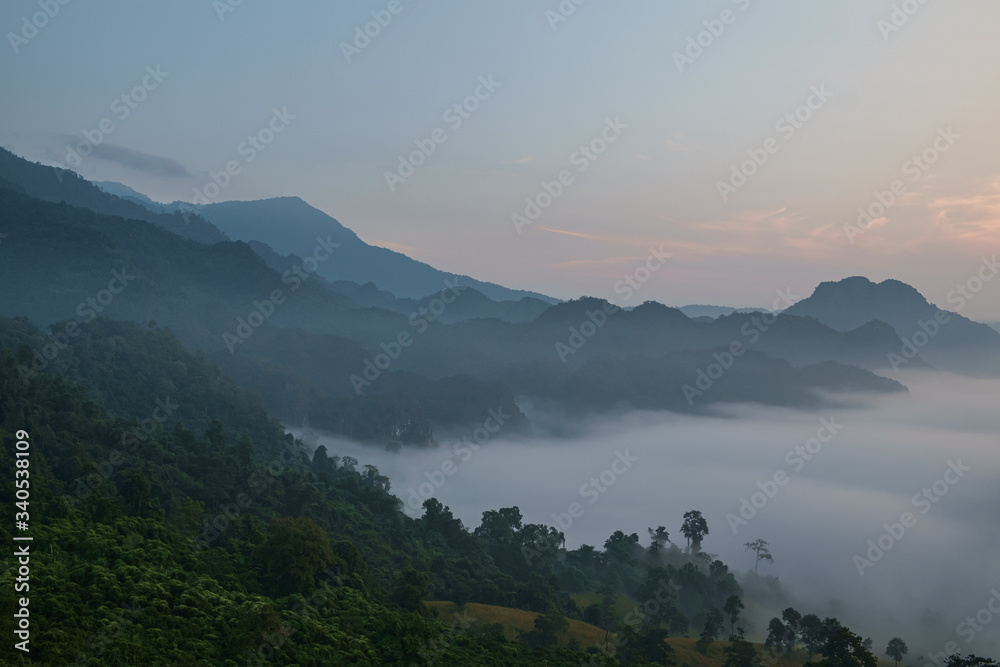 Obraz premium Traveling to see the sea of mist and sunrise in the morning at the view of Phu Lanka, Phayao Province, Thailand