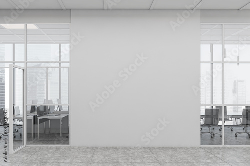 White open space office corridor with mock up wall