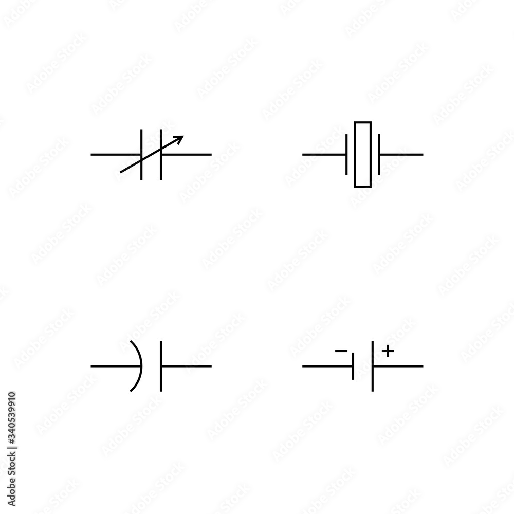 Set of electronic symbol line icon design. Electronic sign vector.  Such as lamp, battery, diode, resistor, fuse and others. Black outline design. Editable vector.