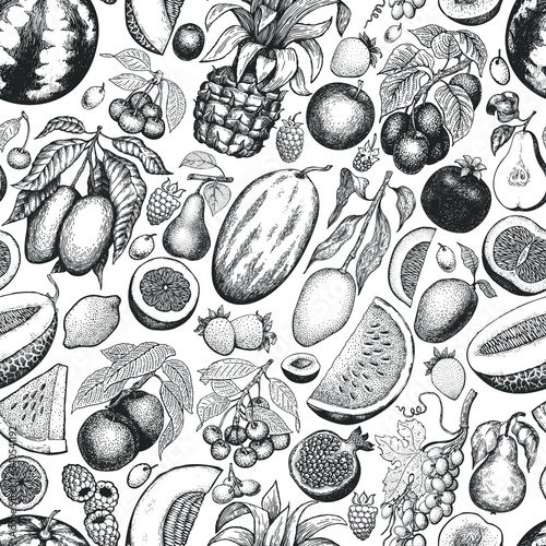 Fruits and berries seamless pattern. Hand drawn vector tropic fruits illustration. Engraved style fruit. Vintage exotic food banner.