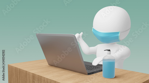 3D Illustration of white characters stickman wear surgical mask using laptop and alcohol gel bottle on wood desktop.Work from home concept. Clipping path image.