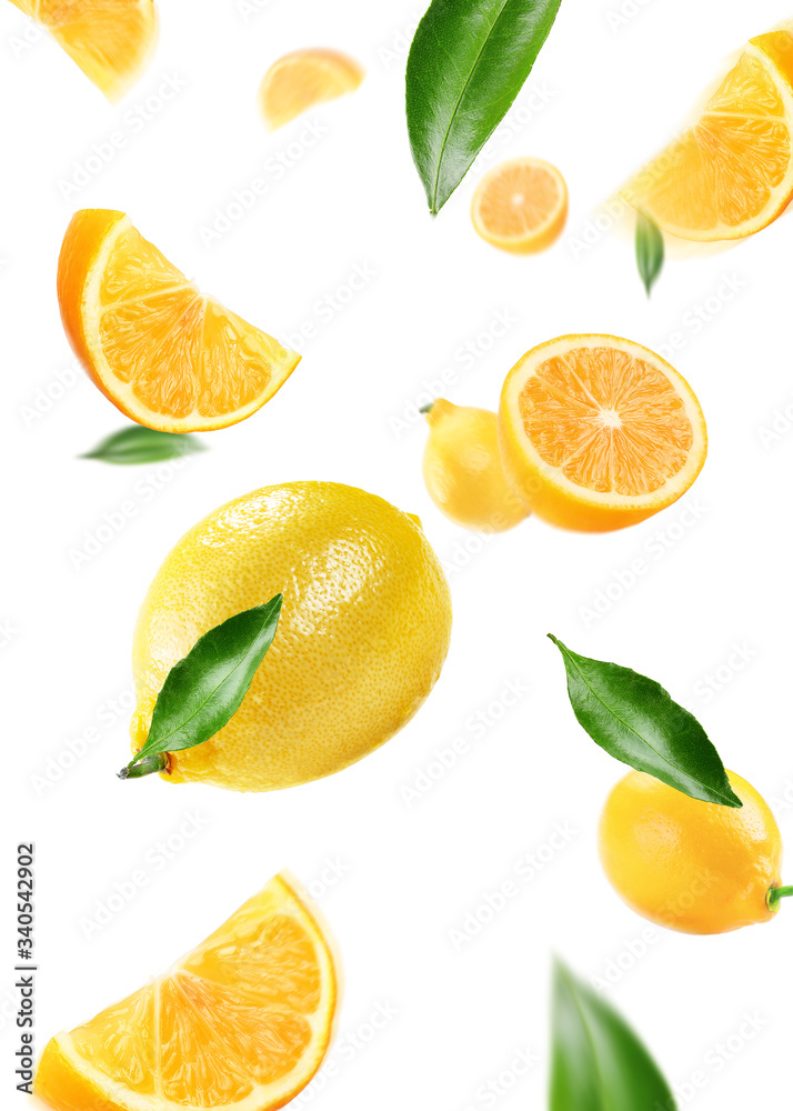 lemon with slice and leaves on air lemon with slice and leaves on air