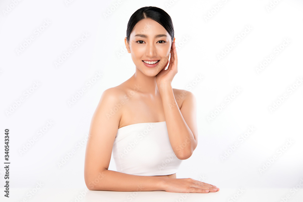 Beautiful Young Asian Woman with Clean Fresh Skin. Face care, Facial treatment, Cosmetology, beauty and healthy skin and cosmetic concept, woman beauty skin isolated on white background Beautiful Young Asian Woman with Clean Fresh Skin. Face care, Facial treatment, Cosmetology, beauty and healthy skin and cosmetic concept, woman beauty skin isolated on white background