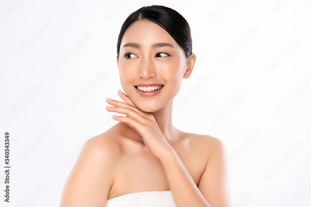 Beautiful Young Asian Woman with Clean Fresh Skin. Face care, Facial treatment, Cosmetology, beauty and healthy skin and cosmetic concept, woman beauty skin isolated on white background Beautiful Young Asian Woman with Clean Fresh Skin. Face care, Facial treatment, Cosmetology, beauty and healthy skin and cosmetic concept, woman beauty skin isolated on white background