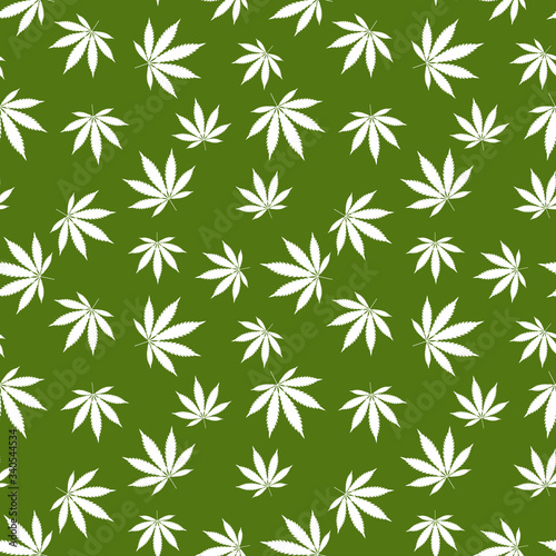 Cannabis seamless pattern. Marijuana leaf  white weed plant. Hashish texture  isolated green background. Hemp psychedelic grass. Fabric print for medical wallpaper. Simple design Vector illustration