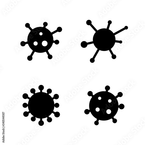 Coronavirus 2019-nCoV. Corona virus icon set. Black sign isolated white background. China pathogen respiratory infection. Design bacteria-cell. Influenza pandemic. Corona-virus. Vector illustration