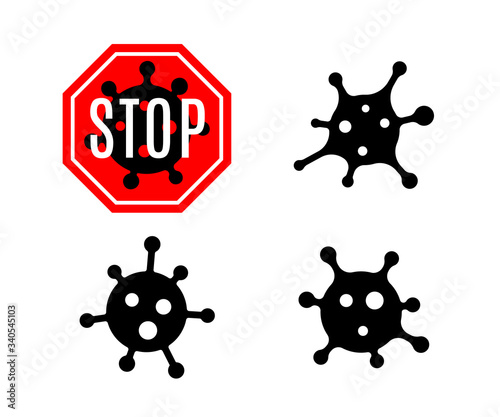 Coronavirus 2019-nCoV Corona virus icon set. Red black sign isolated white background. China pathogen respiratory infection. Bacteria Influenza pandemic Corona-virus prevention Vector illustration