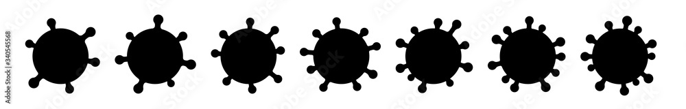 Coronavirus 2019-nCoV. Corona virus icon set. Black sign isolated white background. China pathogen respiratory infection. Design bacteria-cell. Influenza pandemic. Corona-virus. Vector illustration Coronavirus 2019-nCoV. Corona virus icon set. Black sign isolated white background. China pathogen respiratory infection. Design bacteria-cell. Influenza pandemic. Corona-virus. Vector illustration