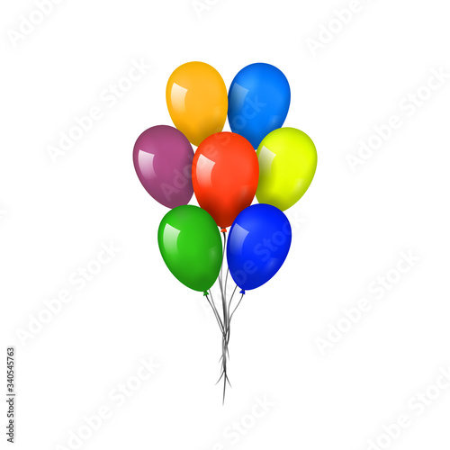 Balloons 3D bunch set, thread, isolated white background. Color glossy flying baloon, ribbon, birthday celebrate, surprise. Helium ballon gift. Realistic shape, design happy bday Vector illustration