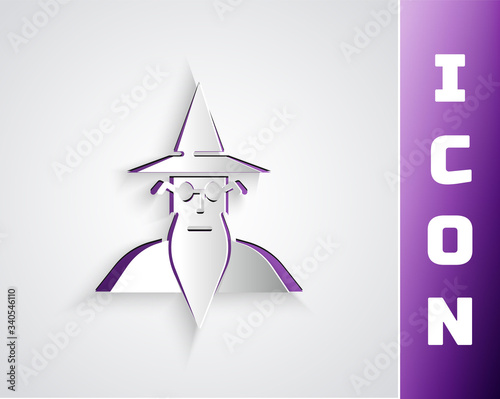 Paper cut Wizard warlock icon isolated on grey background. Paper art style. Vector Illustration