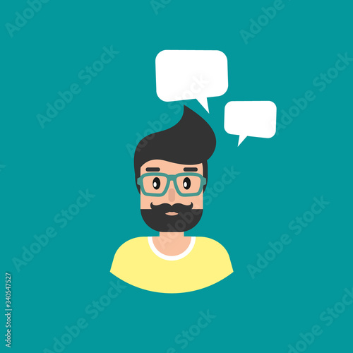 man with speech bubble on blue background. Talk, chat message, communicate, messenger concept