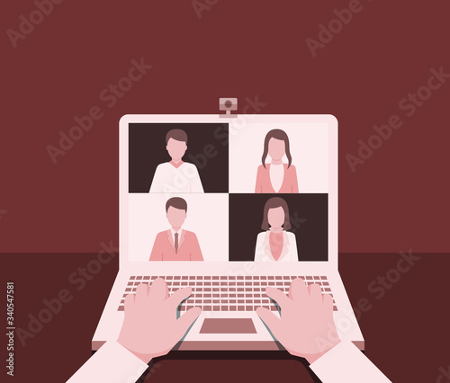 While being suspended from covid-19, everyone working at home Have talked online to protect against covid-19.
Illustration about talking on laptop.