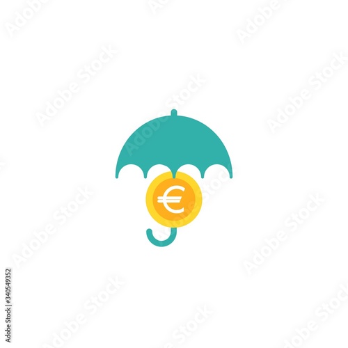 Blue umbrella with gold euro coin under it. Vector flat icon isolated on white.