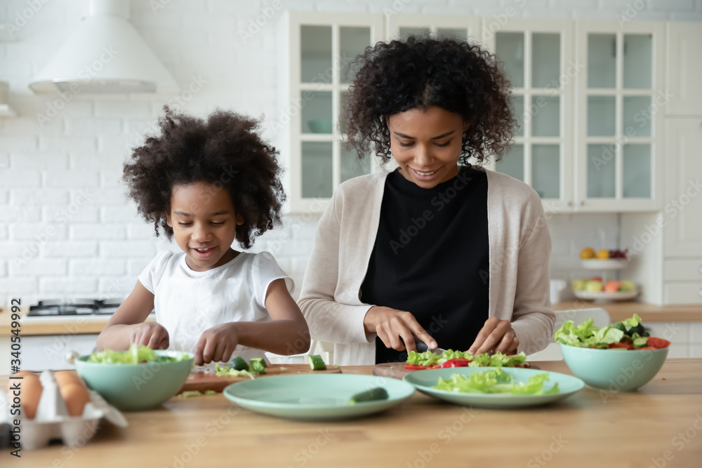 Loving African American mother and cute little preschooler daughter have fun cooking in modern kitchen together, happy biracial mom and small girl child prepare salad, healthy lifestyle, diet concept