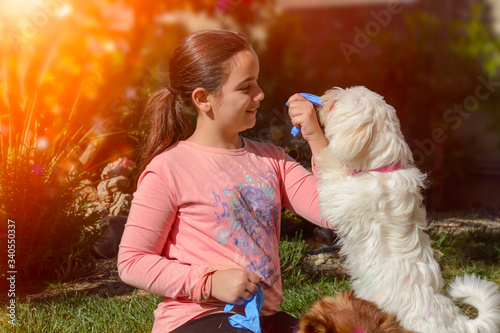 Girl that plays with a Dog dressing Blue Gloves after pandemic. Concept of freedom and post covid 19 freedom. Return to life. photo