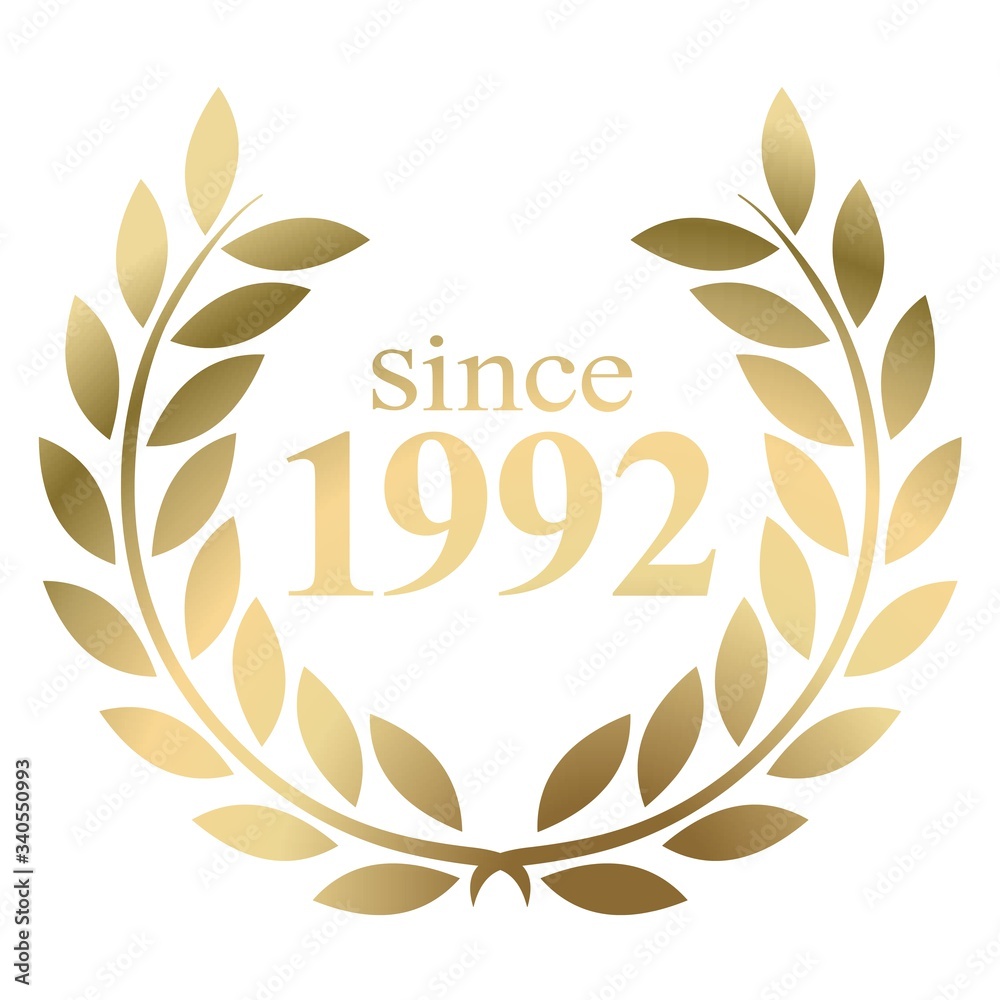 Year 1992 gold laurel wreath vector isolated on a white background 