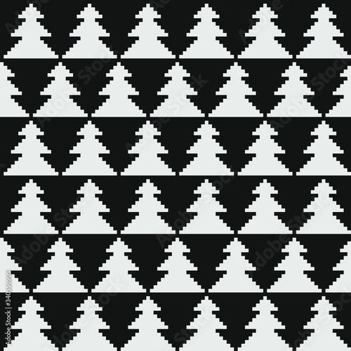 1bit fir-tree abstract seamless pattern, pixel art style black and white abstract texture background. Game design. Isolated vector 1-bit monochrome illustration.