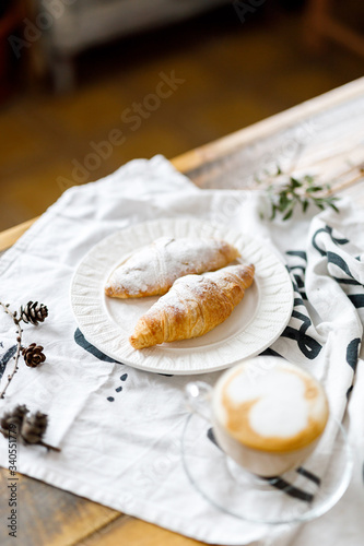 gourmet, table, menu, romantic, morning, closeup, white, bed and breakfast, powdered sugar, powdered, cuisine, homemade, natural, fresh, coffee, bake, pastry, meal, food, yummy, organic, eat, croissan