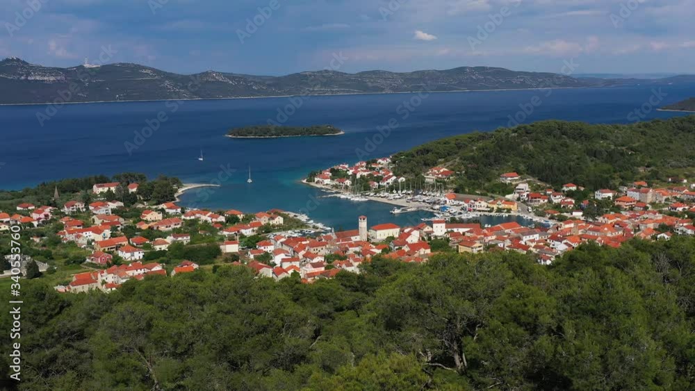 Old Beautiful Mediterranean Harbour Village Veli Iž on Island Iž in Adriatic Sea, Croatia - Aerial Drone Panoramic View Old Beautiful Mediterranean Harbour Village Veli Iž on Island Iž in Adriatic Sea, Croatia - Aerial Drone Panoramic View