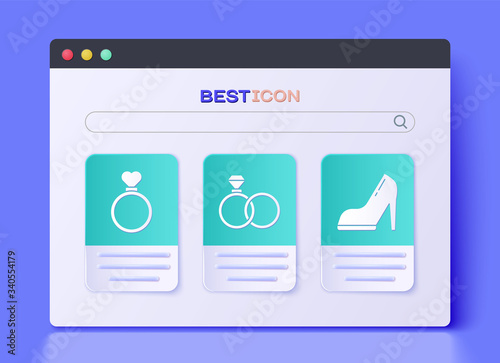 Set Wedding rings, Wedding rings and Woman shoe with high heel icon. Vector