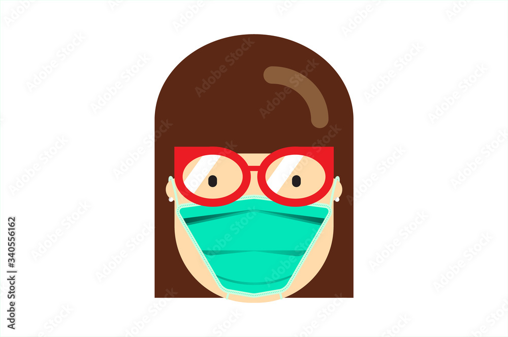 Young woman face wearing medical surgical mask to protect against virus and air toxic pollution. Cartoon female face with glasses using safety breathing mask during Coronavirus pandemic.