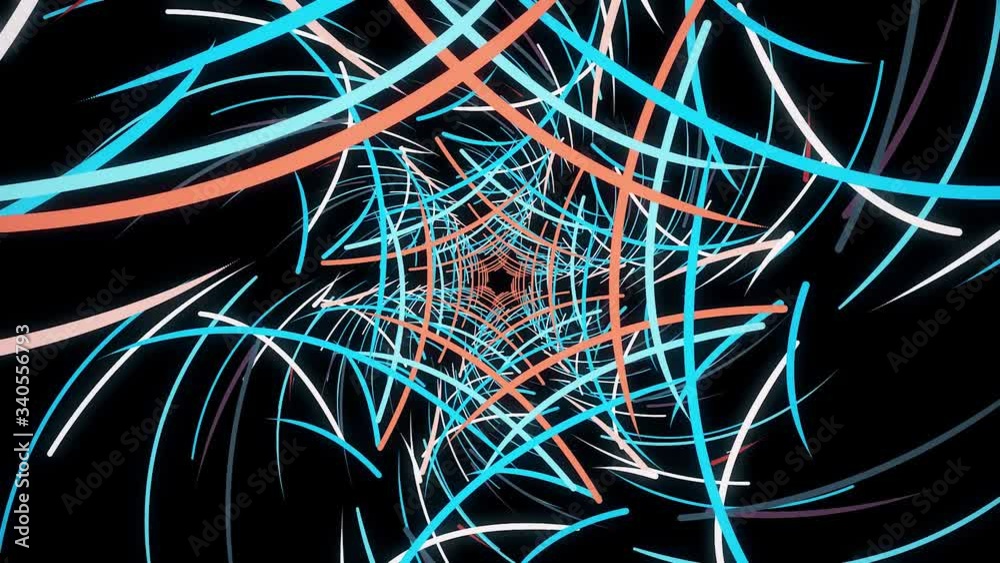 Abstract flight in futuristic corridor with many bended colorful lines that forming a pattern of a snowflake, seamless loop. Animation. Bright curved lines, geometric endless tunnel.