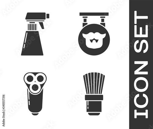 Set Shaving brush, Hairdresser pistol spray bottle, Electric razor blade for men and Barbershop icon. Vector