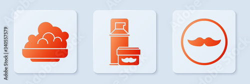 Set Shaving gel foam, Shaving gel foam and Mustache. White square button. Vector