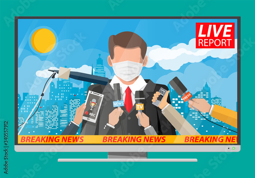 TV news anchorman in mask reads world news about covid-19 coronavirus ncov. Main news reader on television program. Media, journalism and press. Flat vector illustration