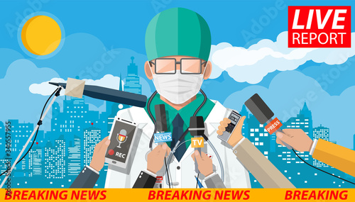 Doctor with face mask giving speech about coronavirus covid-19 ncov outbreak news. Paramedic mediacal staff at press conference. Hands of journalists with microphones. Flat vector illustration
