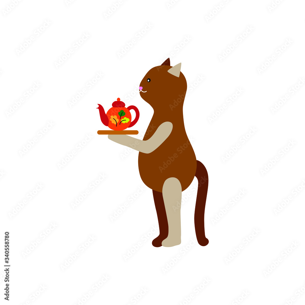 Fototapeta premium The character of a kitten stands on its feet, like a person in profile. Cute cartoon cat holds a tray with a teapot. Cheerful friendly animal isolated vector. Concept for tea party, celebration. 