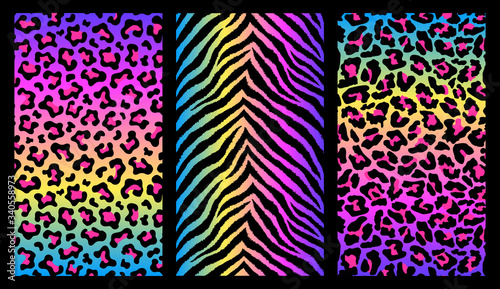 Set of 3 colorful vertical animal fur prints. Animalistic backgrounds. Detailed textures for posters, covers, etc. Rainbow gradients.	