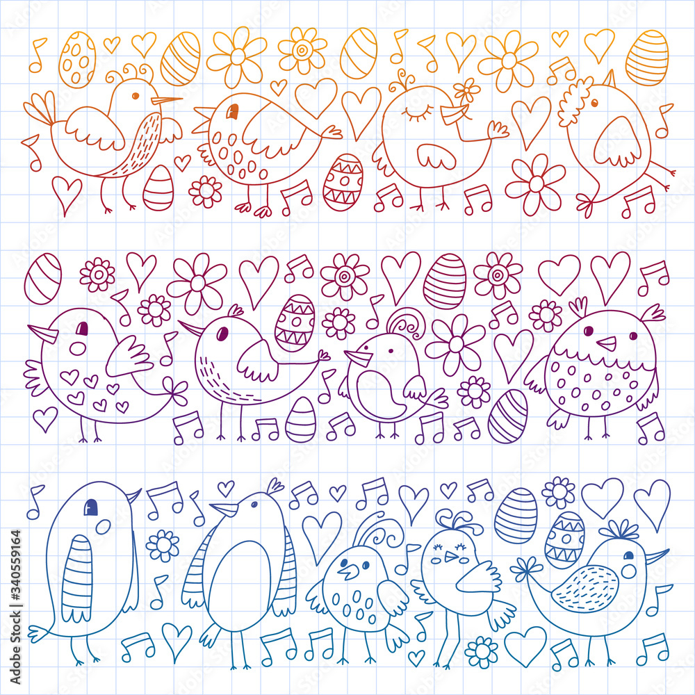 Pattern kids fabric, textile, nursery wallpaper. Vector illustration. Hand drawn singing birds and flowers for little children.