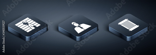 Set Isometric Suspect criminal, Decree, paper, parchment, scroll and Lawyer, attorney, jurist icon. Vector