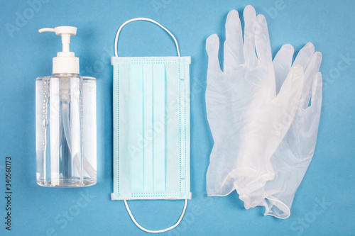 Medical masks, medical gloves, disinfectants and gloves on the table. Coronavirus, Covid-19 protection by respirator. Concept medicine health care. Medical sterile equipment.