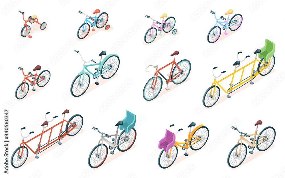 Set of isolated bicycle for ride. Triple bike and tricycle for kid or child. Adult and children wheel transport, parking rack with rails and sign. Vector illustration for cyclist or bicyclist vehicle. Set of isolated bicycle for ride. Triple bike and tricycle for kid or child. Adult and children wheel transport, parking rack with rails and sign. Vector illustration for cyclist or bicyclist vehicle.