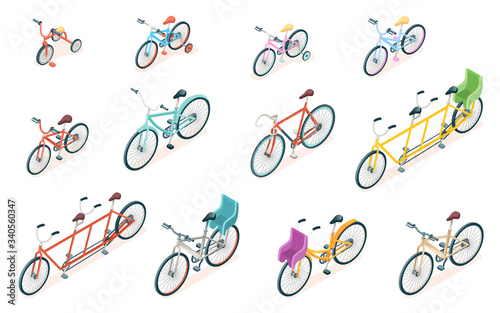 Set of isolated bicycle for ride. Triple bike and tricycle for kid or child. Adult and children wheel transport, parking rack with rails and sign. Vector illustration for cyclist or bicyclist vehicle.