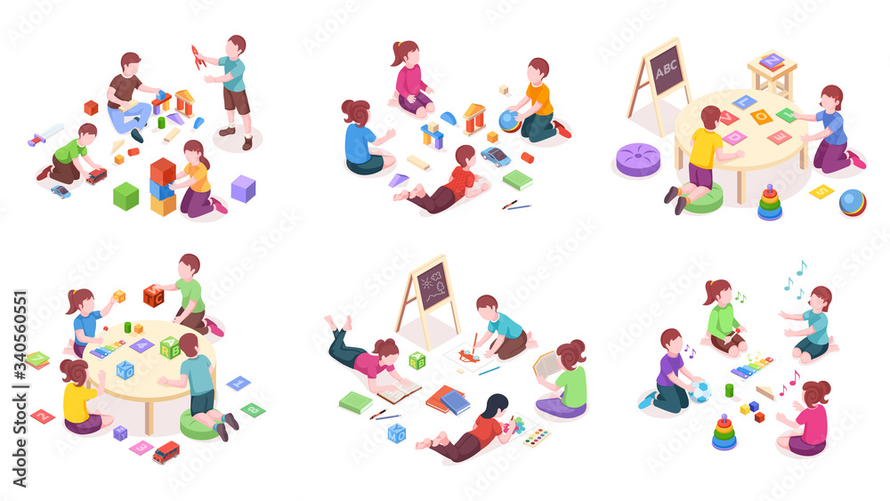 Children playing, isometric elements, kindergarten education and leisure activity. Children playing toys, music instruments and alphabet cubes, reading books and painting, isometric illustration set