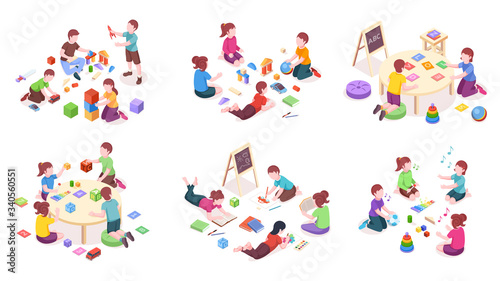 Children playing, isometric elements, kindergarten education and leisure activity. Children playing toys, music instruments and alphabet cubes, reading books and painting, isometric illustration set © Sensvector