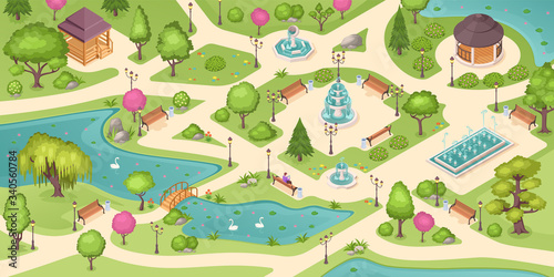 Fototapeta Naklejka Na Ścianę i Meble -  City park summer, isometric vector background with trees, lawns and fountains. Empty urban city park landscape, people sitting on bench, gazebo pavilions, flowerbeds and swans in pond with bridge