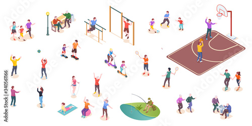 People in park, sport activity and leisure games, vector isometric isolated set. Kids playing football, tennis and volleyball, workout sport ground, family jogging, people playing chess and fishing photo