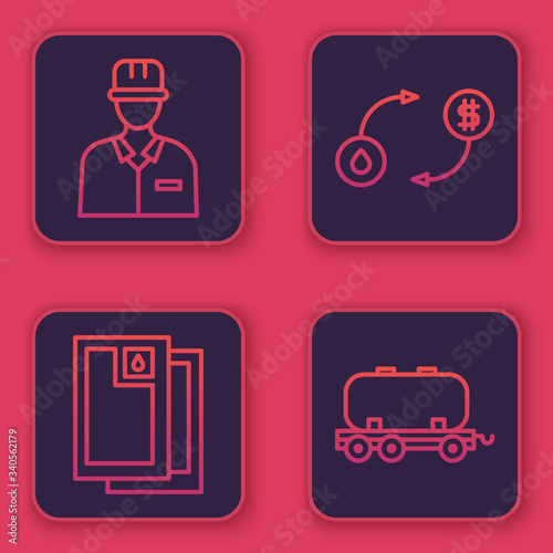 Set line Oilman, Barrel oil, Oil exchange and Oil railway cistern. Blue square button. Vector