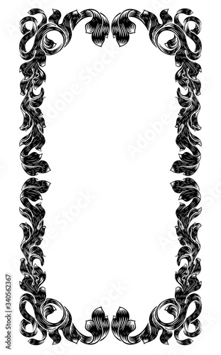 An ornamental filigree heraldry leaf pattern floral scroll border vintage style frame design