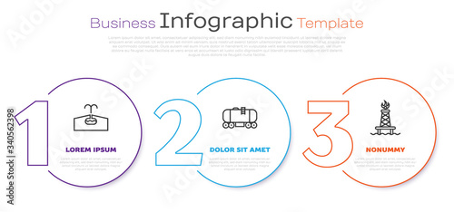 Set line Oilfield, Oil railway cistern and Oil rig with fire. Business infographic template. Vector