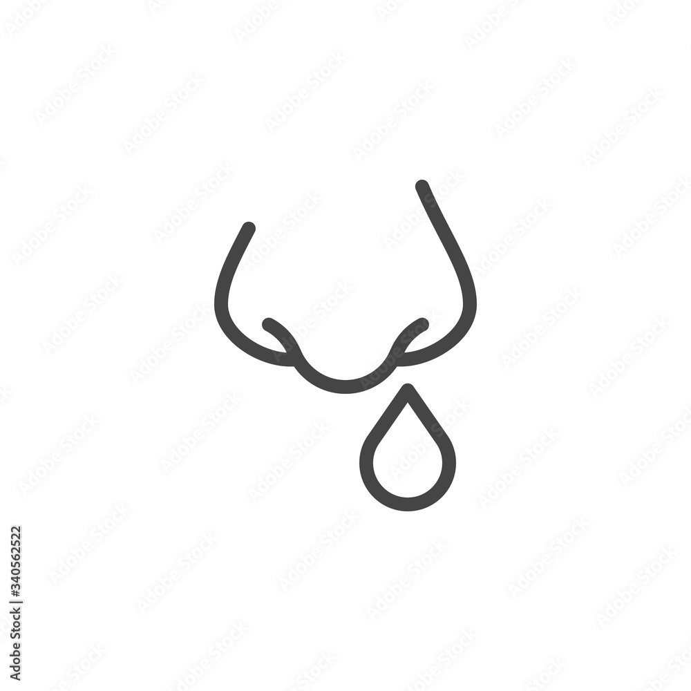 Runny nose linear icon. Symptom of disease, allergy, coronovirus. Viral or bacterial infection concept sign. Grippe, flu, influenza, snot, nasal illness. Vector illustration isolated outline Runny nose linear icon. Symptom of disease, allergy, coronovirus. Viral or bacterial infection concept sign. Grippe, flu, influenza, snot, nasal illness. Vector illustration isolated outline