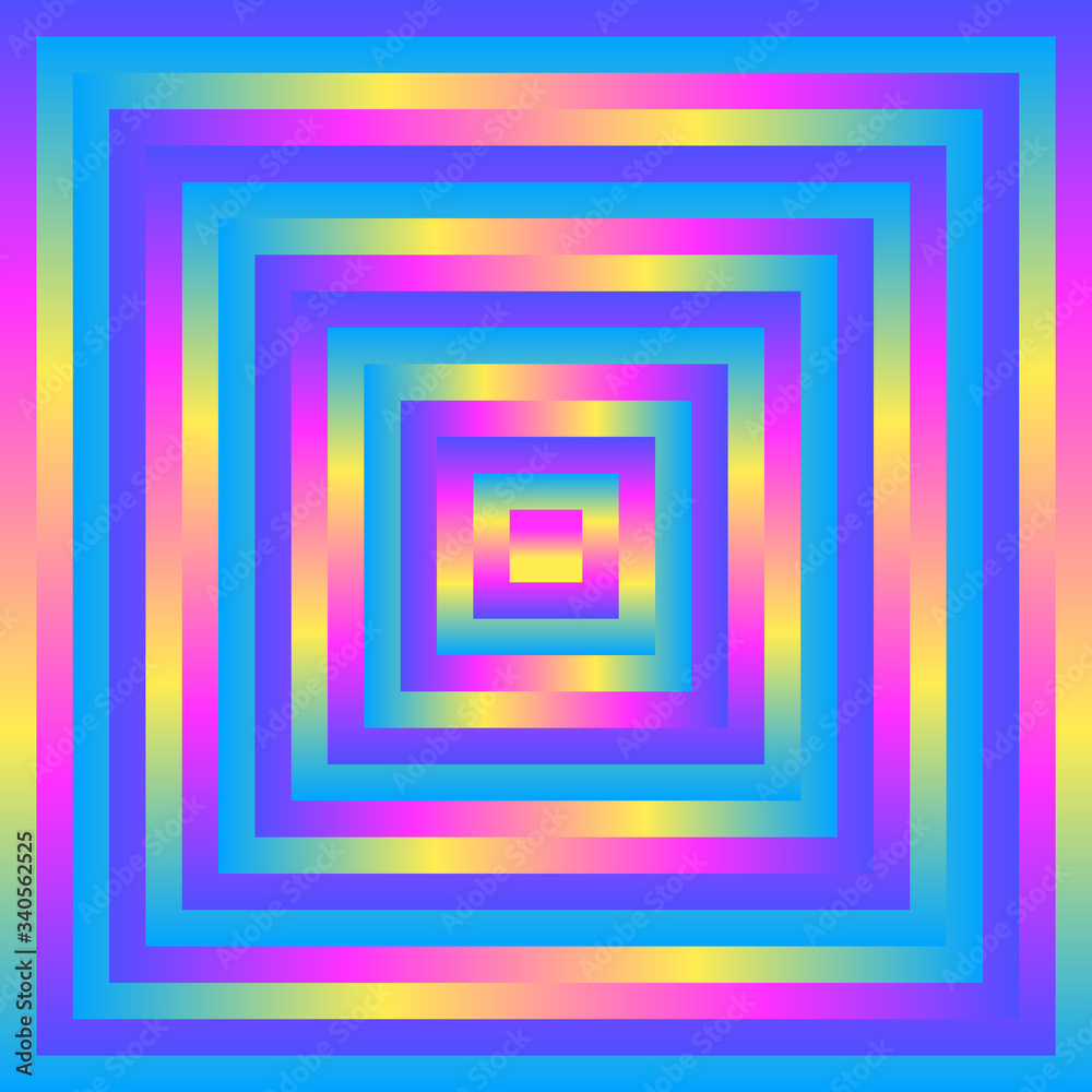 Abstract concentric squares in diminishing perspective in the form of a tunnel with colorful gradient reflections. Vector background. Abstract concentric squares in diminishing perspective in the form of a tunnel with colorful gradient reflections. Vector background.
