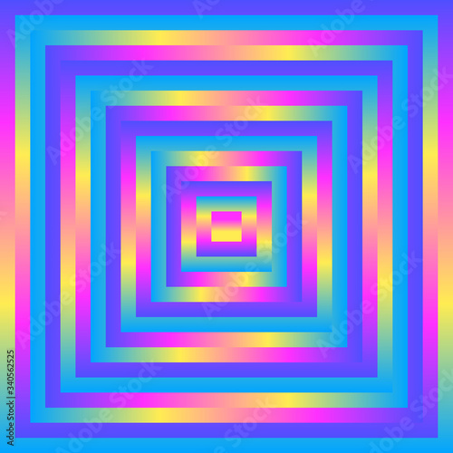 Abstract concentric squares in diminishing perspective in the form of a tunnel with colorful gradient reflections. Vector background. 