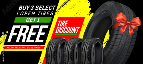 Tire shop, spare parts and auto service discount promotion design. Tire shop vector banner of car wheel tyres with tread track price offer. Editable graphic layout. Black Friday sale.