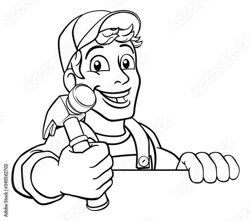 A handyman carpenter or builder cartoon man holding a hammer. Construction maintenance worker or DIY character mascot. Peeking over a sign